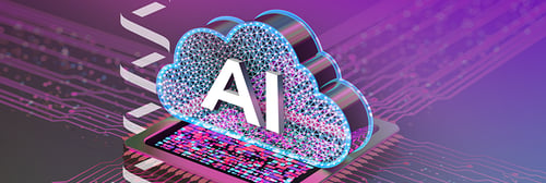 Purple imagery with futuristic background, showing a cloud with "AI" written in it on top of a computer chip 
