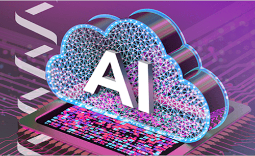 imagery of a cloud with "AI" written in the middle, sitting atop a computer chip with vonage design elements, in a purple/pink color scheme
